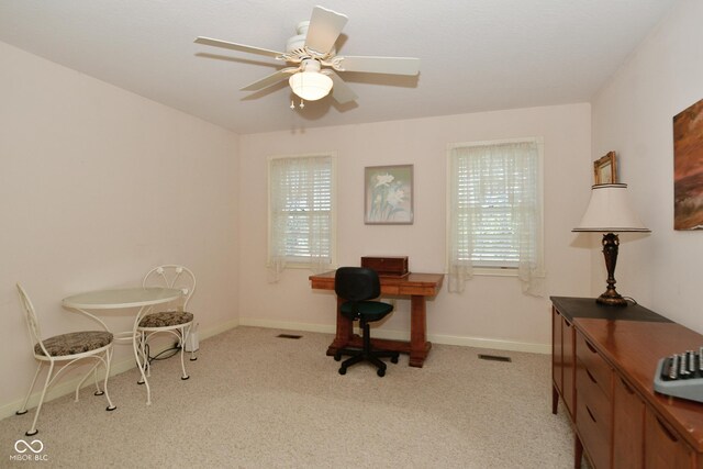 office space featuring light colored carpet, a wealth of natural light, a ceiling fan, and baseboards