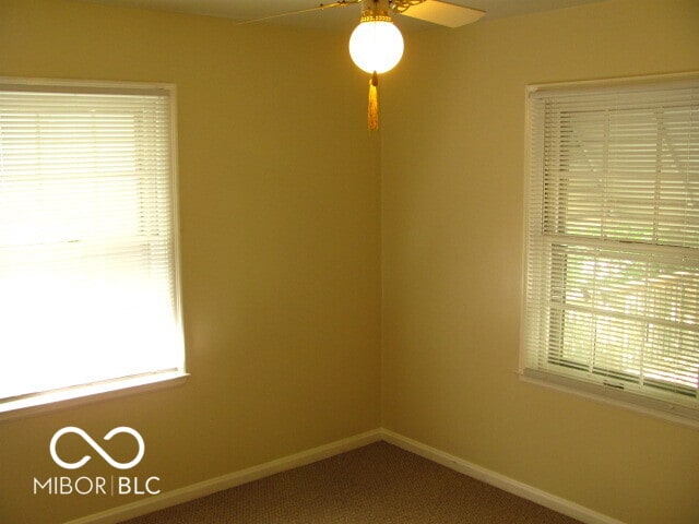 carpeted empty room with a healthy amount of sunlight and ceiling fan