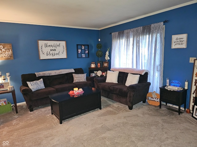 carpeted living room featuring crown molding