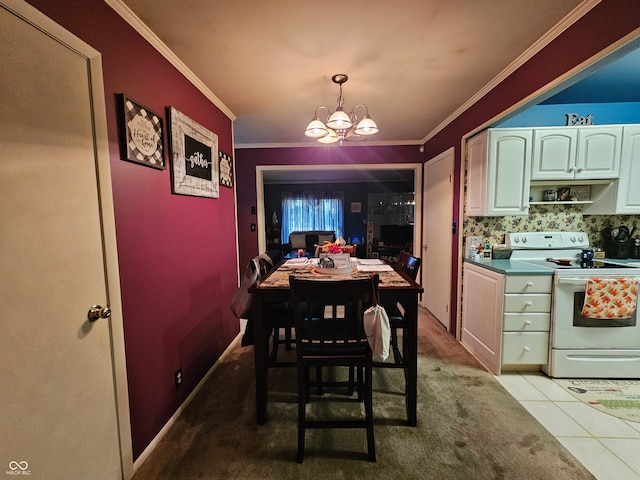 tiled dining area featuring ornamental molding and a chandelier