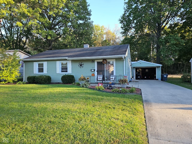 single story home featuring a garage, a front lawn, and covered porch