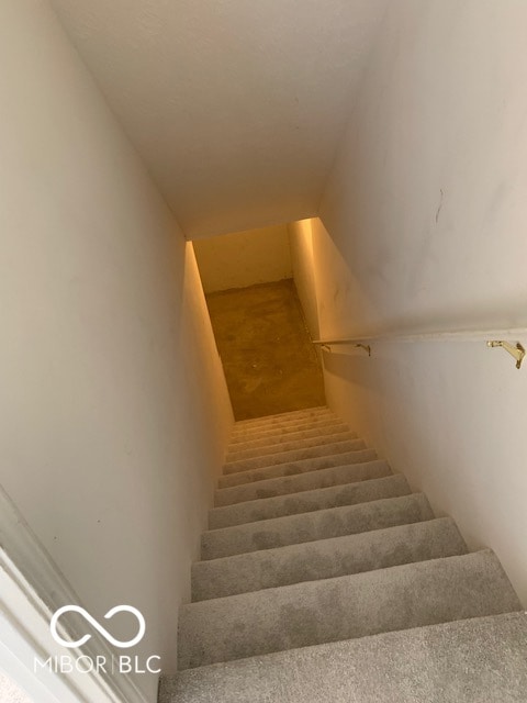 stairs with carpet floors and lofted ceiling