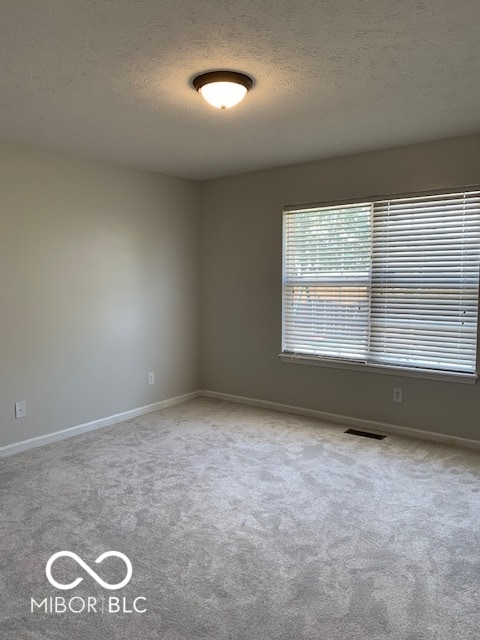 carpeted empty room with a textured ceiling