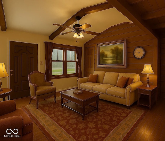 610 E Morgan St, Martinsville, IN 46151 - living area featuring a ceiling fan, wood finished floors, and wood walls