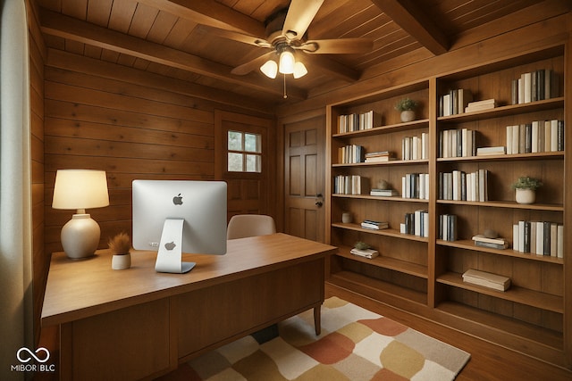 610 E Morgan St, Martinsville, IN 46151 - office with wood ceiling, beam ceiling, a ceiling fan, wood walls, and wood finished floors