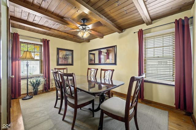 610 E Morgan St, Martinsville, IN 46151 - dining area featuring wood ceiling, beam ceiling, baseboards, wood finished floors, and a ceiling fan