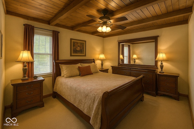 610 E Morgan St, Martinsville, IN 46151 - bedroom with wooden ceiling, light carpet, beamed ceiling, baseboards, and ceiling fan