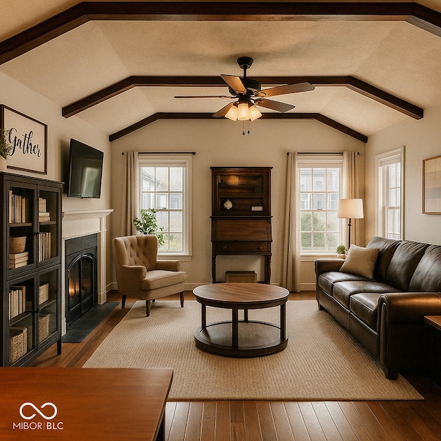 610 E Morgan St, Martinsville, IN 46151 - living room featuring a fireplace with flush hearth, a ceiling fan, and wood-type flooring