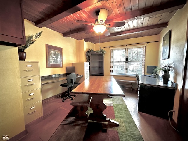 610 E Morgan St, Martinsville, IN 46151 - office area with wooden ceiling, ceiling fan, beam ceiling, built in desk, and baseboards