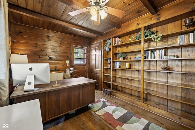 610 E Morgan St, Martinsville, IN 46151 - office area featuring wood ceiling, wooden walls, beamed ceiling, dark wood finished floors, and a ceiling fan