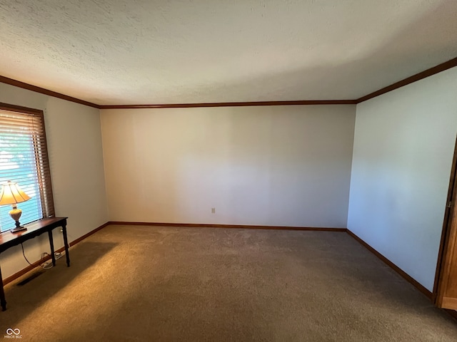 carpeted spare room featuring a textured ceiling and crown molding