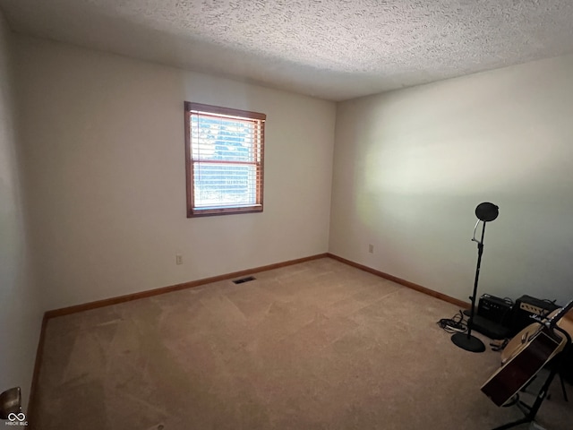 empty room with light carpet and a textured ceiling