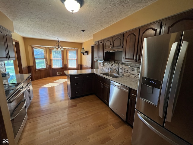 kitchen featuring pendant lighting, appliances with stainless steel finishes, light hardwood / wood-style flooring, and sink