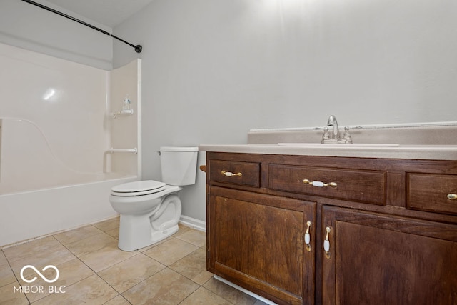 full bathroom with vanity, bathing tub / shower combination, toilet, and tile patterned flooring