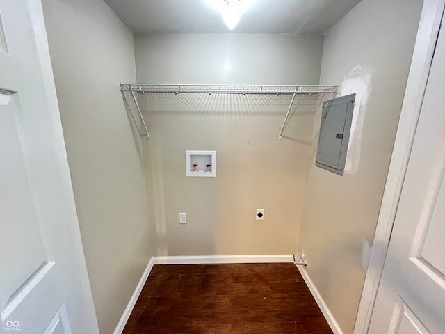 laundry room with dark wood-type flooring, washer hookup, electric panel, and electric dryer hookup