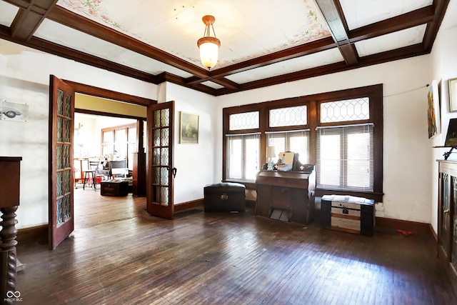 interior space featuring french doors, beam ceiling, coffered ceiling, and dark wood-type flooring