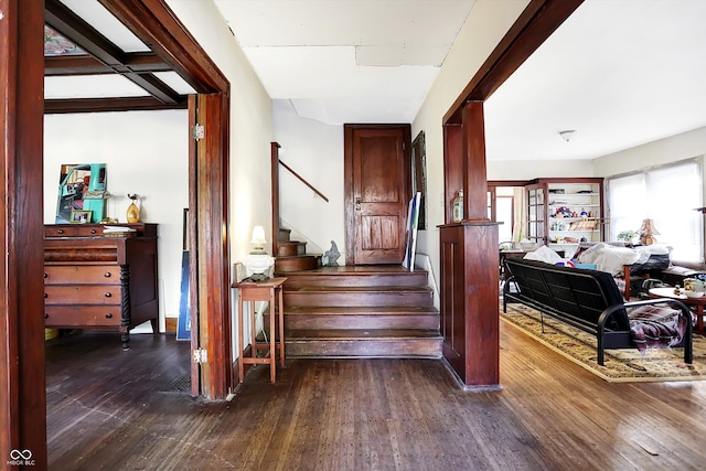 stairway with hardwood / wood-style flooring