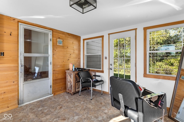 home office with wooden walls