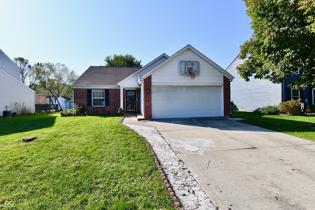 ranch-style home with a front yard, a garage, and central AC unit