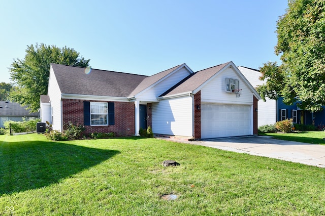 ranch-style house featuring central AC unit, a front yard, and a garage