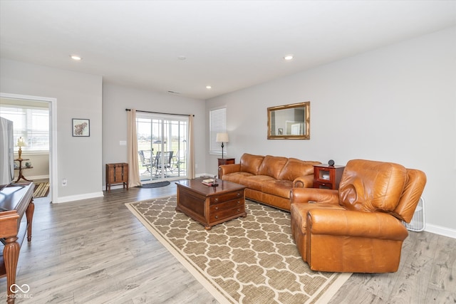 living room with a wealth of natural light and wood-type flooring