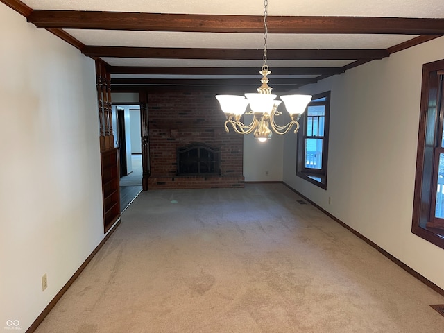 unfurnished living room featuring beam ceiling and carpet flooring