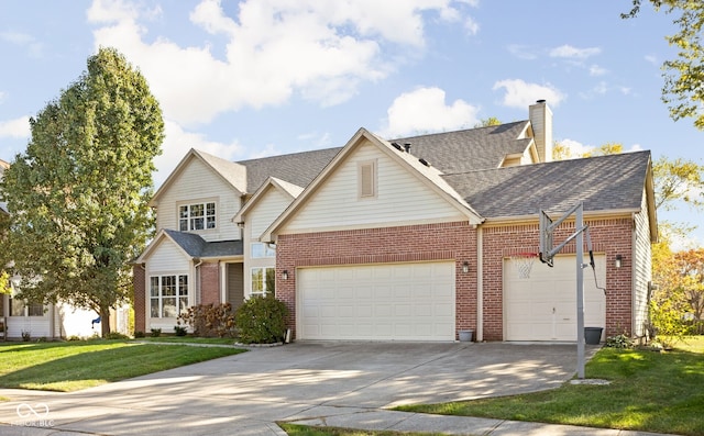 view of front of house with a garage and a front lawn