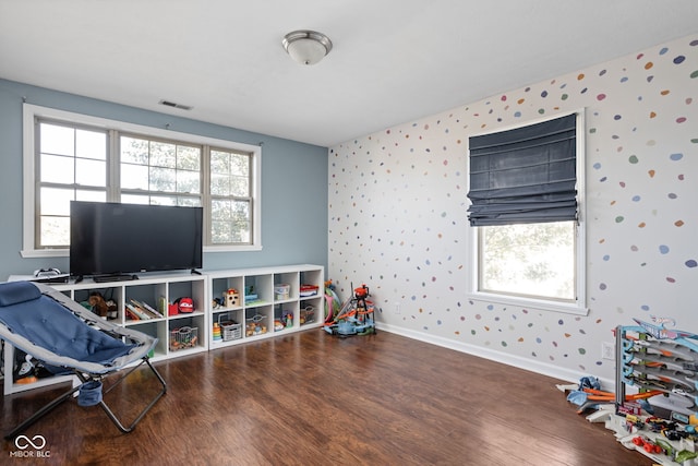 rec room with hardwood / wood-style floors