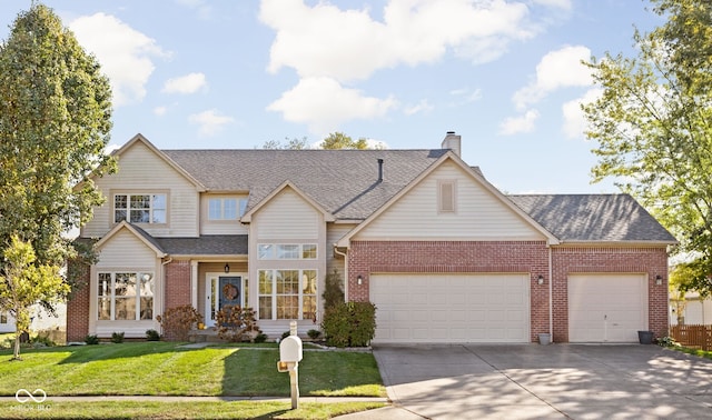 view of front of property featuring a garage and a front lawn