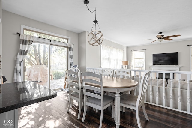 dining area with ceiling fan with notable chandelier, crown molding, dark hardwood / wood-style flooring, and a healthy amount of sunlight