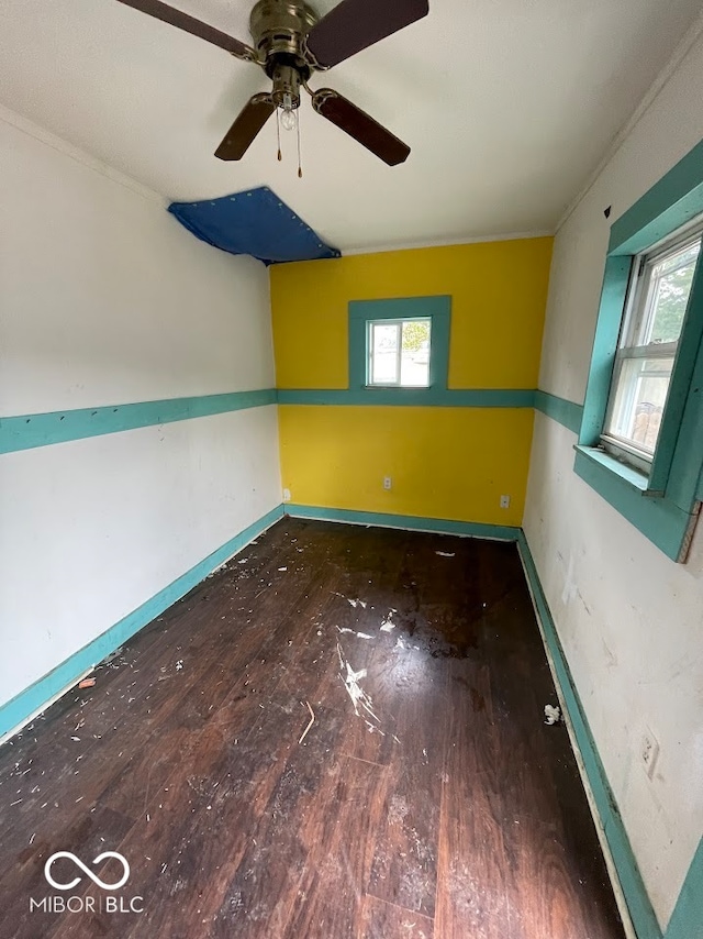 spare room featuring ceiling fan, crown molding, plenty of natural light, and dark hardwood / wood-style floors