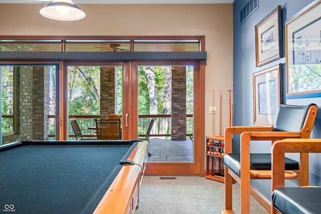 game room featuring a healthy amount of sunlight, carpet flooring, and pool table