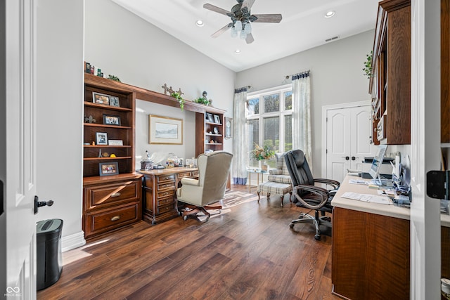 office with ceiling fan and dark hardwood / wood-style flooring