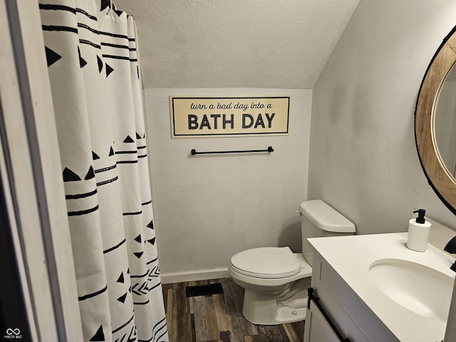 bathroom featuring vanity, wood-type flooring, a textured ceiling, and toilet