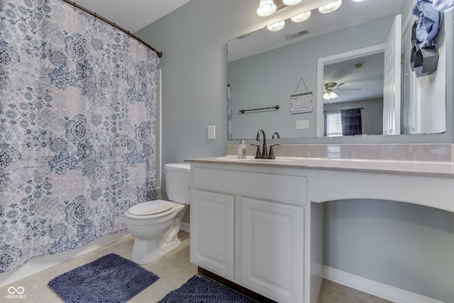 bathroom featuring tile patterned flooring, ceiling fan, vanity, and toilet