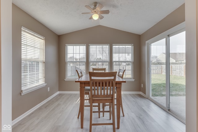 dining space featuring lofted ceiling, light wood-type flooring, and a healthy amount of sunlight