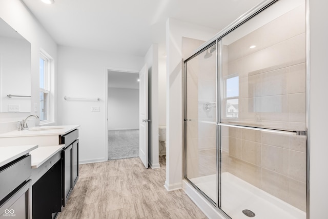 bathroom featuring vanity, an enclosed shower, and toilet