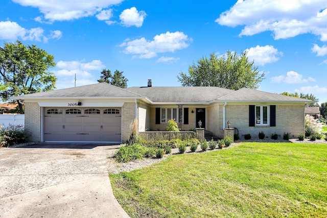 ranch-style home featuring a garage, a front lawn, and covered porch