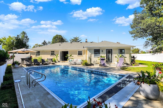 view of pool with a fenced in pool, a patio area, an outdoor living space, and a fenced backyard