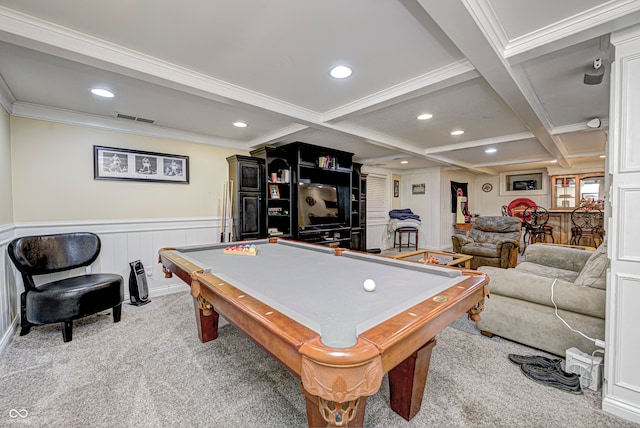 playroom featuring carpet, visible vents, beamed ceiling, and recessed lighting