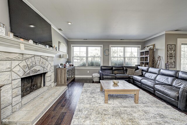 living room featuring ornamental molding, plenty of natural light, and a fireplace