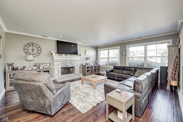 living room featuring ornamental molding, a fireplace, and dark wood-type flooring