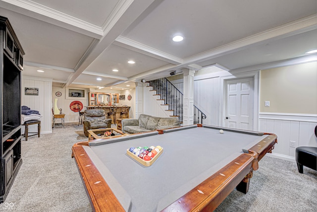 rec room featuring pool table, beamed ceiling, coffered ceiling, and carpet flooring