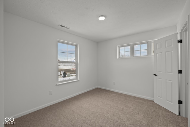 unfurnished room featuring carpet and a textured ceiling