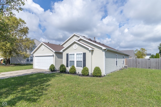 single story home featuring a front yard and a garage