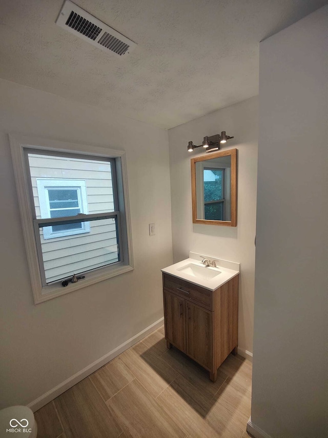 bathroom featuring wood-type flooring, vanity, and a textured ceiling