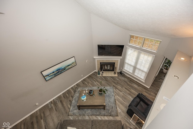 7854 Harbour Isle, Indianapolis, IN 46240 - living area featuring baseboards, a textured ceiling, a fireplace, wood finished floors, and vaulted ceiling
