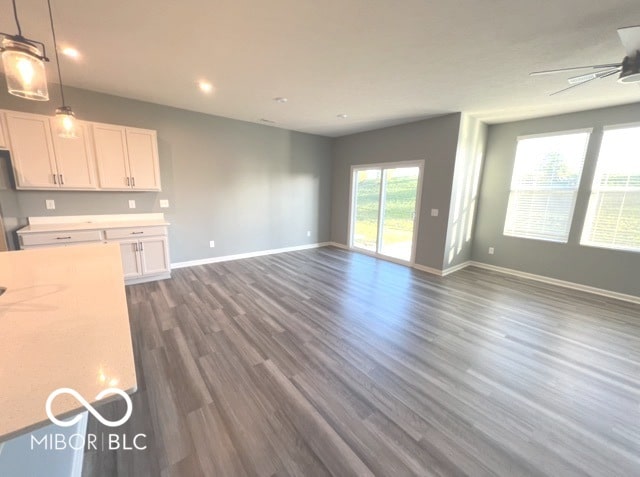 kitchen with white cabinetry, dark hardwood / wood-style flooring, and ceiling fan