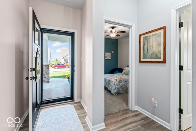 foyer featuring ceiling fan and hardwood / wood-style floors