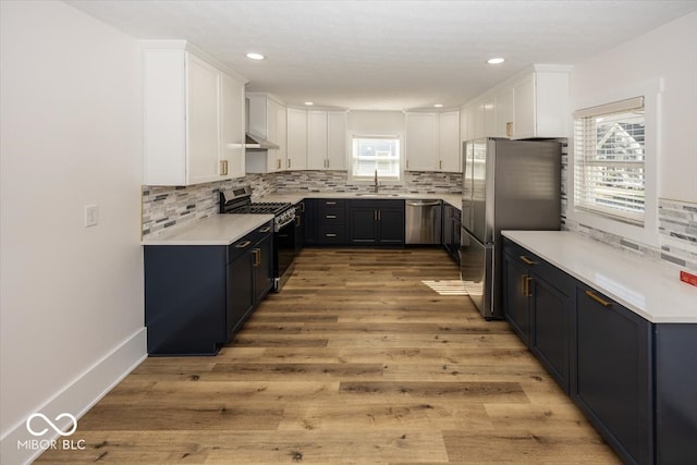 kitchen featuring a healthy amount of sunlight, light hardwood / wood-style floors, stainless steel appliances, and backsplash